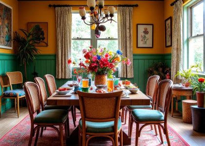 Bohemian eclectic dining room with mismatched rattan and vintage metal chairs, a textured wooden table adorned with colorful ceramics and a wild bouquet of fresh flowers, sunlight streaming through patterned curtains, artistic wall hangings creating a vibrant and inviting atmosphere for shared meals.