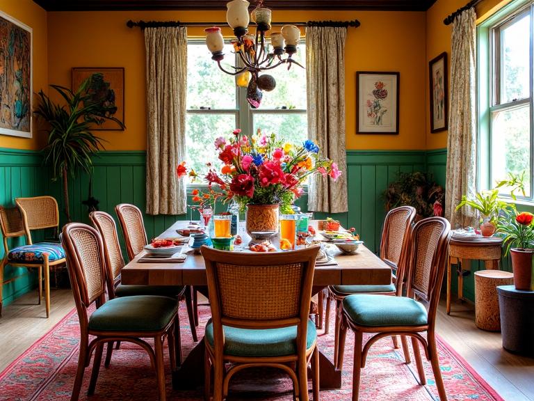 Bohemian eclectic dining room with mismatched rattan and vintage metal chairs, a textured wooden table adorned with colorful ceramics and a wild bouquet of fresh flowers, sunlight streaming through patterned curtains, artistic wall hangings creating a vibrant and inviting atmosphere for shared meals.