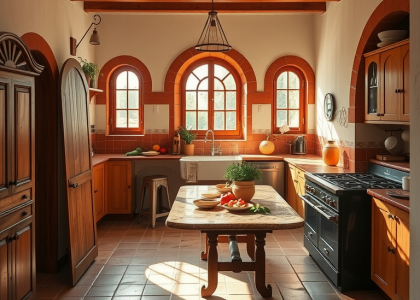 Sunlight filters through arched windows in a rustic Mediterranean villa kitchen with weathered wooden cabinets and terra-cotta tiles, featuring a mosaic-topped table and an inviting atmosphere filled with fresh basil and ripe tomatoes.