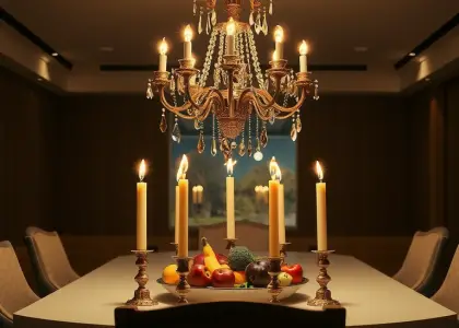 "Dark formal dining room featuring a table set with candles and an assortment of fruit, illuminated by an elegant chandelier, creating a moody and sophisticated atmosphere ideal for dark academia aesthetics."