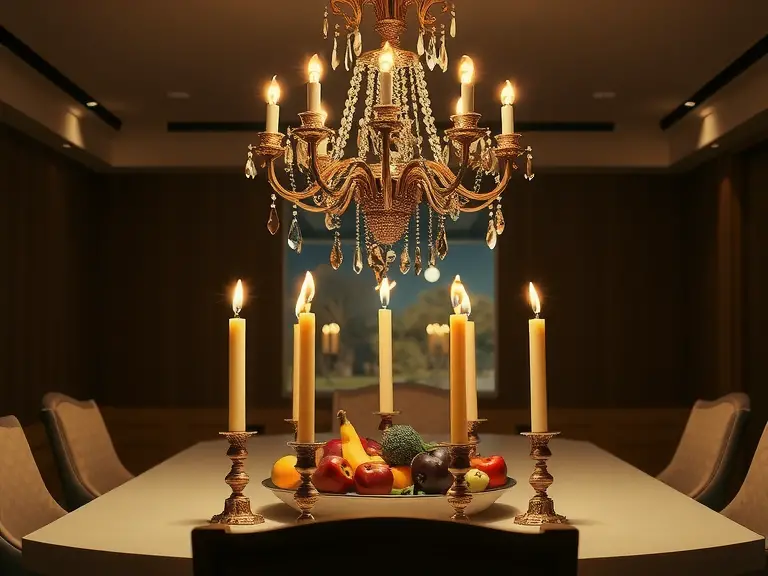 "Dark formal dining room featuring a table set with candles and an assortment of fruit, illuminated by an elegant chandelier, creating a moody and sophisticated atmosphere ideal for dark academia aesthetics."