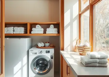 Zen Retreat Laundry Room featuring a washing machine, wooden shelves with neatly folded towels, a stone countertop, and sunlight filtering through frosted glass, creating a calming and serene environment in warm, neutral tones.