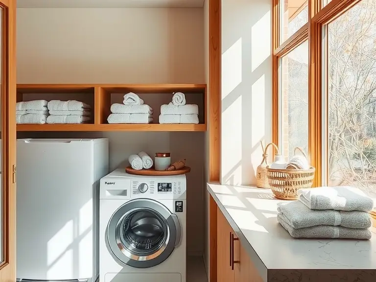 Zen Retreat Laundry Room featuring a washing machine, wooden shelves with neatly folded towels, a stone countertop, and sunlight filtering through frosted glass, creating a calming and serene environment in warm, neutral tones.