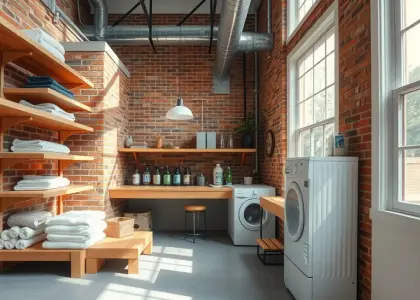 Urban Loft Laundry Room with open wooden shelves showcasing neatly folded towels and jars of natural detergent, rustic brick walls, industrial pipes on the ceiling, large windows allowing sunlight to filter in, and a cozy concrete floor, blending functionality and style.