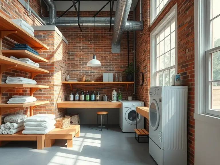 Urban Loft Laundry Room with open wooden shelves showcasing neatly folded towels and jars of natural detergent, rustic brick walls, industrial pipes on the ceiling, large windows allowing sunlight to filter in, and a cozy concrete floor, blending functionality and style.