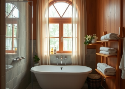 "Relaxing bathroom with warm wooden accents, soft earthy tiles, freestanding tub under a wide window with sheer curtains, and neatly arranged fresh towels on a rustic wooden rack."