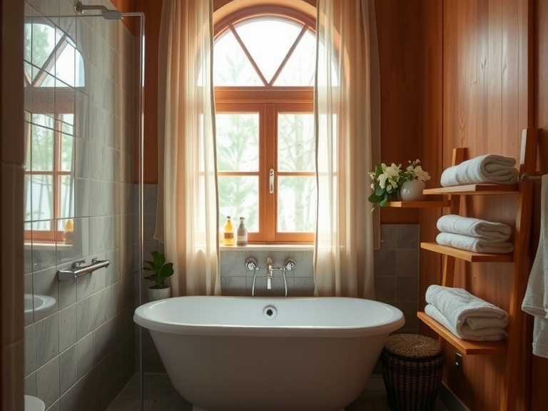 "Relaxing bathroom with warm wooden accents, soft earthy tiles, freestanding tub under a wide window with sheer curtains, and neatly arranged fresh towels on a rustic wooden rack."