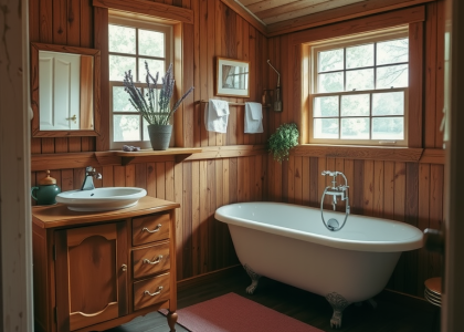 "Charming farmhouse bathroom with rustic wood paneling, vintage clawfoot tub under large window, simple wooden vanity with porcelain sink, and eclectic decor, enhanced by fresh lavender scent for a serene retreat."