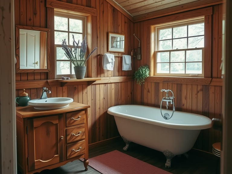 "Charming farmhouse bathroom with rustic wood paneling, vintage clawfoot tub under large window, simple wooden vanity with porcelain sink, and eclectic decor, enhanced by fresh lavender scent for a serene retreat."