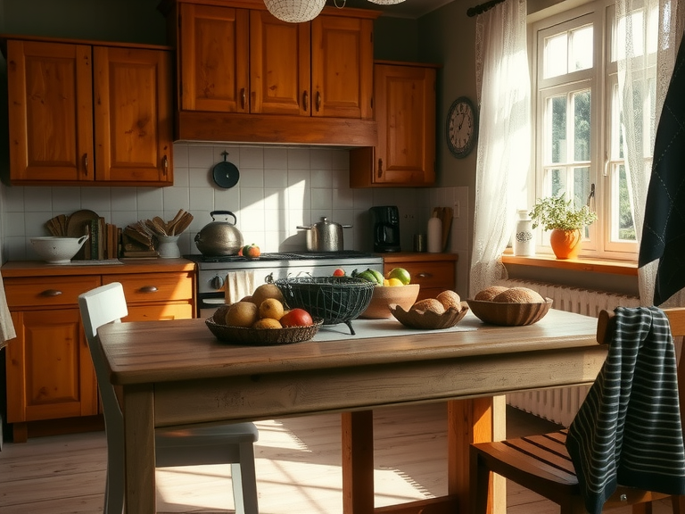 Sunlight filters through lace curtains in a rustic farmhouse kitchen, casting delicate shadows on honey-hued wooden cabinets. A sturdy farmhouse table, adorned with mismatched vintage bowls and fresh produce, occupies the center. The space is filled with the rich aroma of baking bread, creating a warm and inviting atmosphere for togetherness.