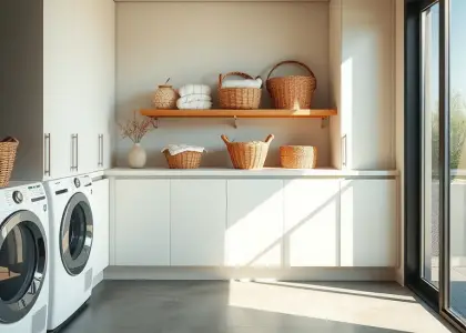 High-tech smart laundry room with sleek matte cabinetry, polished concrete floor, state-of-the-art gadgets, and organized baskets on a wooden shelf, reflecting modern design and inviting ambiance.