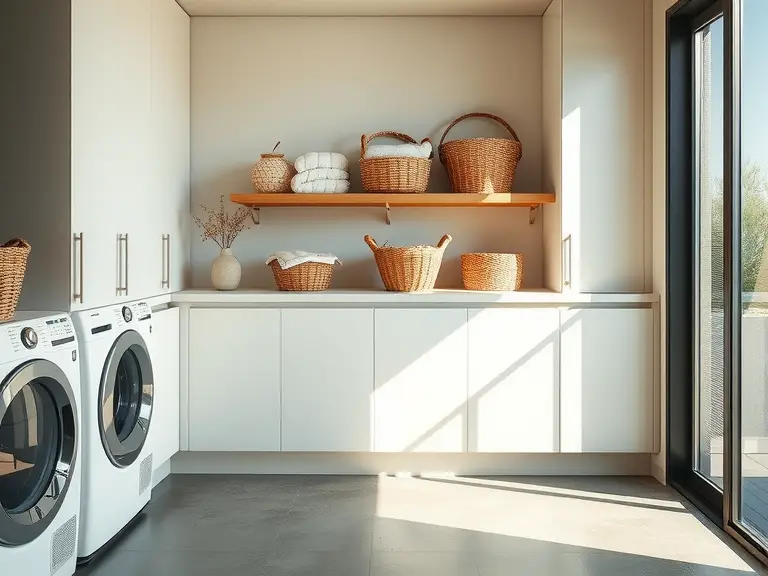 High-tech smart laundry room with sleek matte cabinetry, polished concrete floor, state-of-the-art gadgets, and organized baskets on a wooden shelf, reflecting modern design and inviting ambiance.