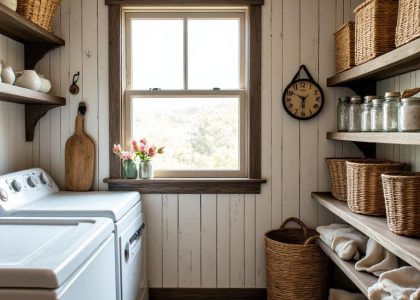 Rustic farmhouse laundry room with weathered wood accents, vintage baskets, wooden shelving unit displaying laundry essentials, and a cozy atmosphere filled with the scent of fresh linens.