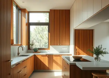 Minimalist Zen kitchen with warm wooden cabinetry, concrete countertops, and smooth stone accents, featuring natural light from a large window and a potted herb plant, creating a serene and calm atmosphere.