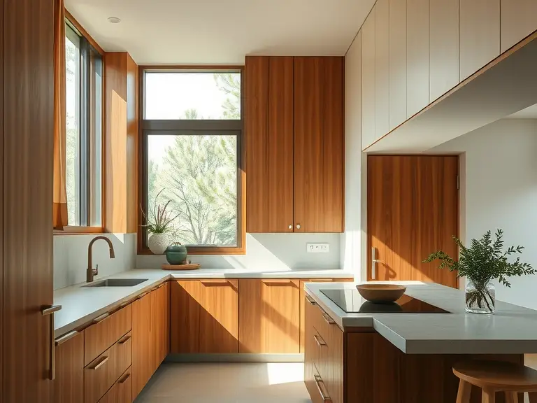 Minimalist Zen kitchen with warm wooden cabinetry, concrete countertops, and smooth stone accents, featuring natural light from a large window and a potted herb plant, creating a serene and calm atmosphere.