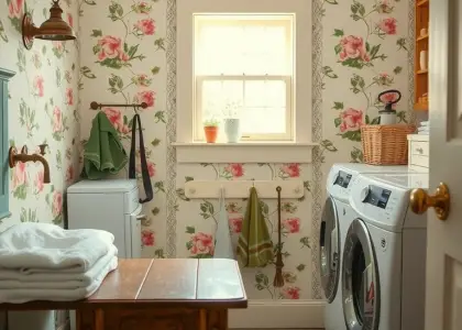 "Cheerful floral wallpaper in a traditional cottage laundry room with vintage fixtures, a sturdy wooden folding table, and sunlight illuminating the cozy space."