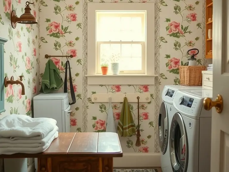 "Cheerful floral wallpaper in a traditional cottage laundry room with vintage fixtures, a sturdy wooden folding table, and sunlight illuminating the cozy space."