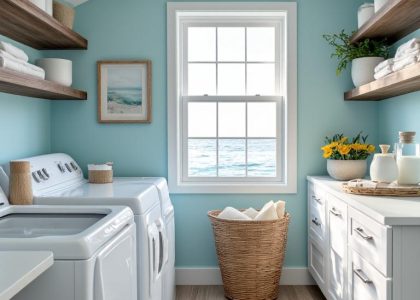 Coastal Breeze Laundry Room with soft blue walls, white accents, large window, distressed wood shelving, neatly folded linens, and beach-themed decor, creating a serene ambiance.