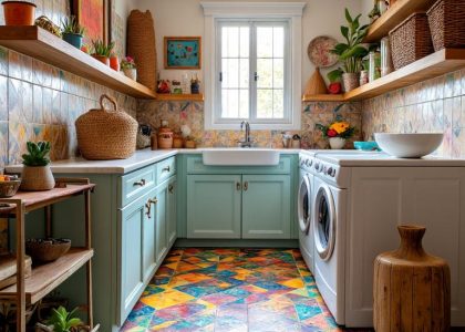 Bohemian eclectic laundry room featuring vibrant patterned tiles, colorful artwork, artisanal baskets, reclaimed wood shelves, and metallic accents illuminated by sunlight, creating a warm and creative atmosphere.