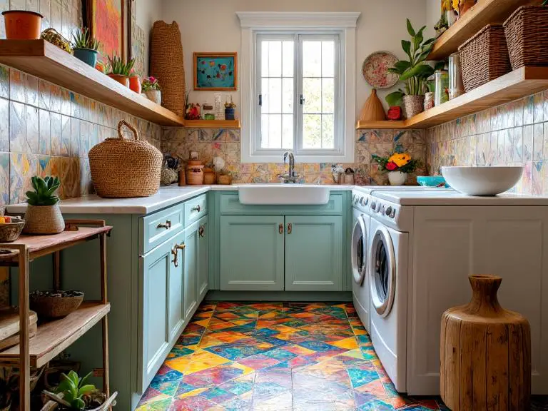 Bohemian eclectic laundry room featuring vibrant patterned tiles, colorful artwork, artisanal baskets, reclaimed wood shelves, and metallic accents illuminated by sunlight, creating a warm and creative atmosphere.