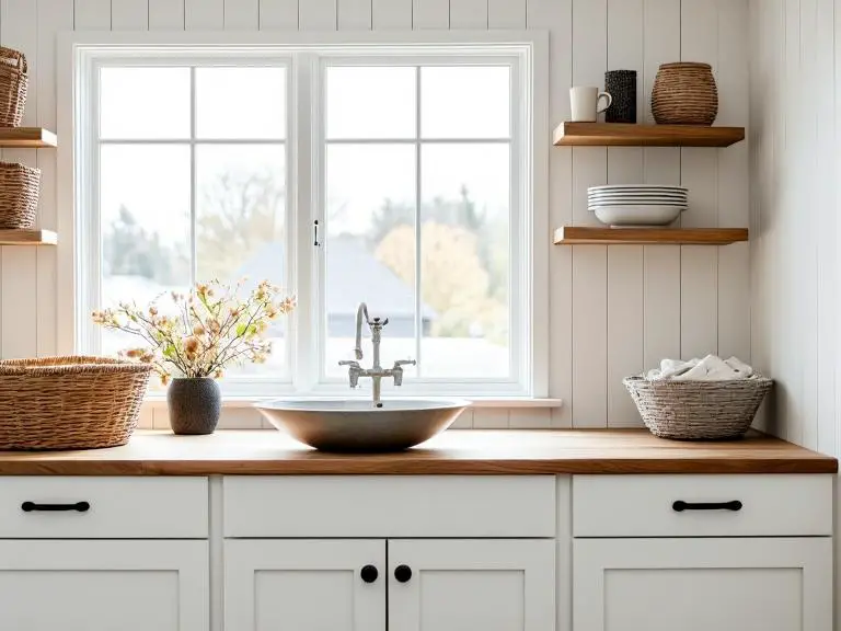 Scandinavian simplicity laundry room with white cabinetry, natural wood accents, large windows, rustic wooden countertop, neatly arranged baskets, vintage metal wash basin, and soft natural light for a warm and inviting atmosphere.