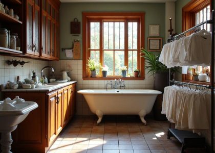 "Classic Victorian laundry room with lace-draped windows, timeworn tile floor, wooden cabinets holding vintage washboards and fragrant soaps, clawfoot tub, and oak drying rack with freshly laundered linens."