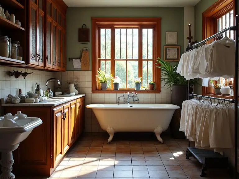 "Classic Victorian laundry room with lace-draped windows, timeworn tile floor, wooden cabinets holding vintage washboards and fragrant soaps, clawfoot tub, and oak drying rack with freshly laundered linens."