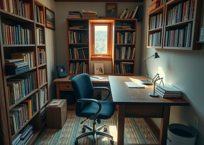 "A quaint home office with a sturdy wooden desk showing scratches, a comfortable chair against the wall, and overflowing bookshelves filled with novels and papers, illuminated by soft natural light from a small window."