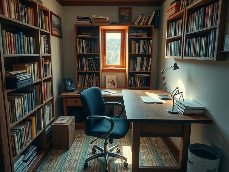 "A quaint home office with a sturdy wooden desk showing scratches, a comfortable chair against the wall, and overflowing bookshelves filled with novels and papers, illuminated by soft natural light from a small window."