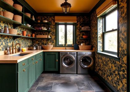 Alt text: "Art Deco laundry room featuring bold geometric wall patterns, deep hues, polished brass fixtures, dark textured slate floor, warm wooden countertop, organized baskets, and a large window that fills the space with sunlight."