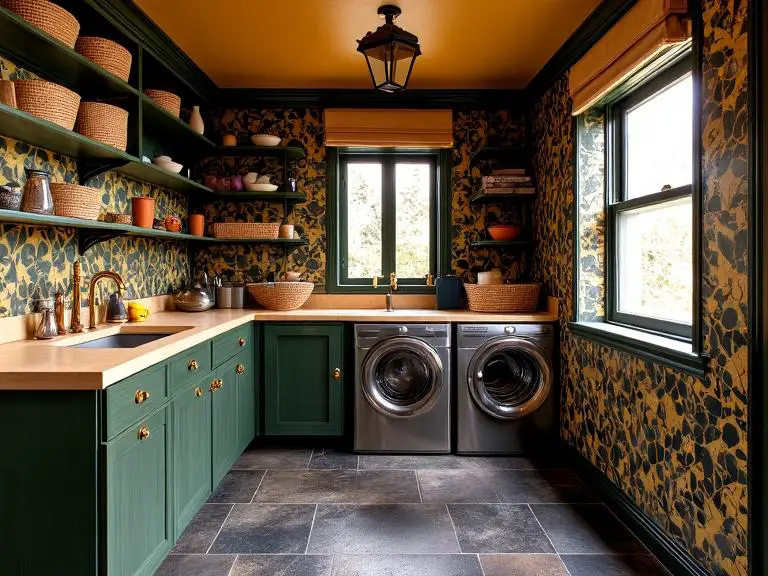 Alt text: "Art Deco laundry room featuring bold geometric wall patterns, deep hues, polished brass fixtures, dark textured slate floor, warm wooden countertop, organized baskets, and a large window that fills the space with sunlight."