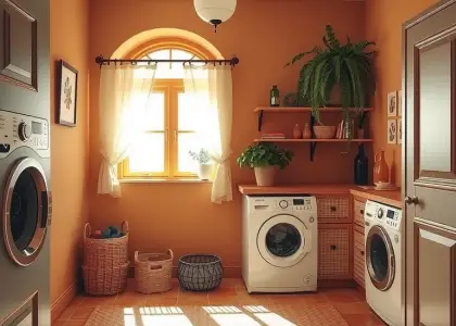 Mediterranean-inspired laundry room with warm earth tones, arched details, rustic window with sheer curtains, terracotta tile flooring, and soft diffused light creating a cozy and practical space.