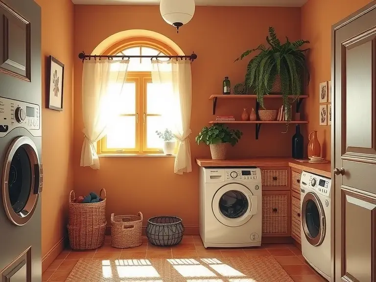 Mediterranean-inspired laundry room with warm earth tones, arched details, rustic window with sheer curtains, terracotta tile flooring, and soft diffused light creating a cozy and practical space.