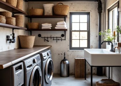 Industrial Chic Laundry Room featuring exposed metal pipes, sleek fixtures, raw concrete floors, heavy-duty washing machine, open shelving with vintage baskets, neatly folded linens, and warm sunlight filtering through a small window.