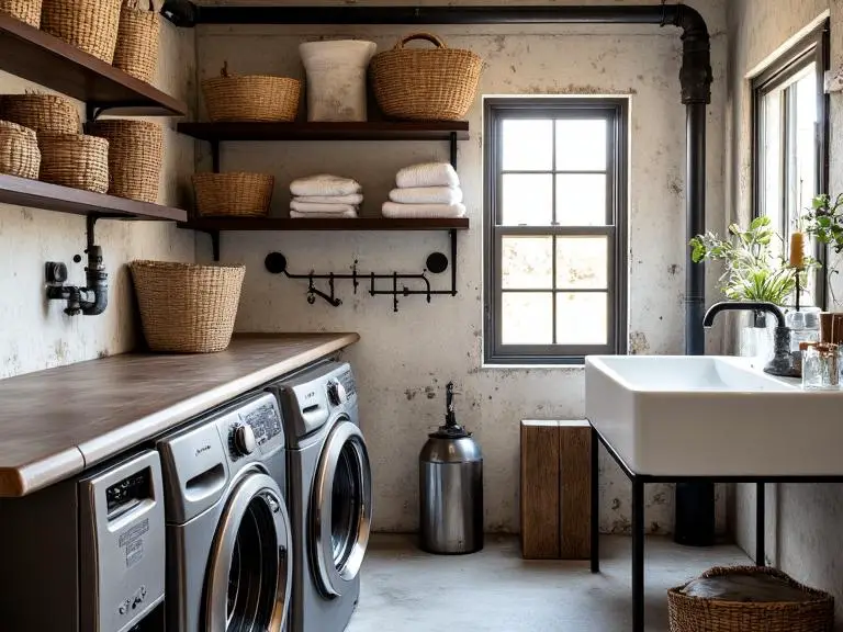 Industrial Chic Laundry Room featuring exposed metal pipes, sleek fixtures, raw concrete floors, heavy-duty washing machine, open shelving with vintage baskets, neatly folded linens, and warm sunlight filtering through a small window.