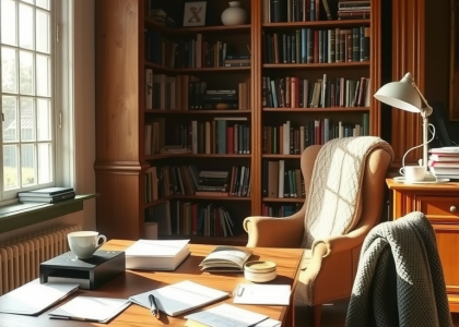 Cozy home office with warm natural light, large window, wooden desk with notes and half-finished cup of tea, bookshelves filled with books, inviting armchair with a soft throw in the corner for quiet inspiration.