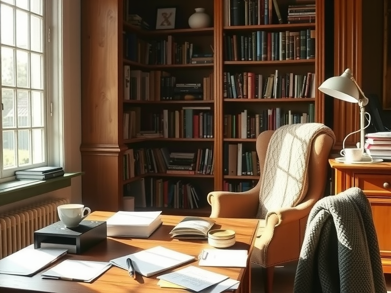 Cozy home office with warm natural light, large window, wooden desk with notes and half-finished cup of tea, bookshelves filled with books, inviting armchair with a soft throw in the corner for quiet inspiration.