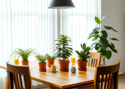 Alt text: "A rustic farmhouse dining room featuring a wooden dining table with chairs, adorned with potted plants, showcasing a cozy and inviting barndo interior style for a 2025 kitchen."