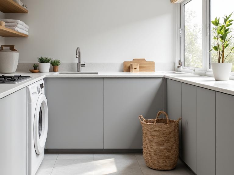 Modern minimalist laundry room with sleek gray cabinetry, smooth white countertop, tucked-away appliances, wooden shelf for towels, woven basket, and potted plants, creating a clean and warm atmosphere.