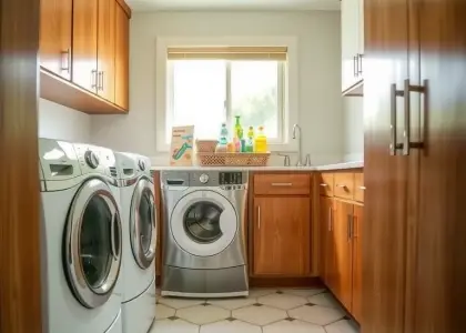 Mid-Century Modern laundry room with warm wood cabinets, geometric patterned tiled floor, natural light filtering through a window, retro laundry baskets, and vintage detergent bottles on the countertop, creating a cozy and charming space for chores.