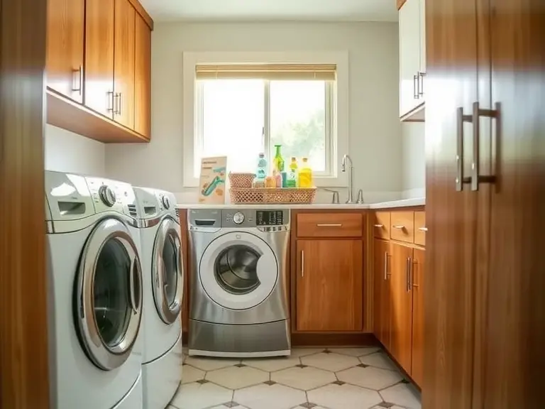 Mid-Century Modern laundry room with warm wood cabinets, geometric patterned tiled floor, natural light filtering through a window, retro laundry baskets, and vintage detergent bottles on the countertop, creating a cozy and charming space for chores.