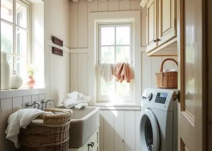 Laundry room in a charming French country home with pastel shades, distressed wood cabinetry, a rustic farmhouse sink, and metal baskets filled with freshly washed linens, illuminated by natural light for a serene and inviting atmosphere.