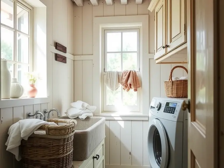 Laundry room in a charming French country home with pastel shades, distressed wood cabinetry, a rustic farmhouse sink, and metal baskets filled with freshly washed linens, illuminated by natural light for a serene and inviting atmosphere.