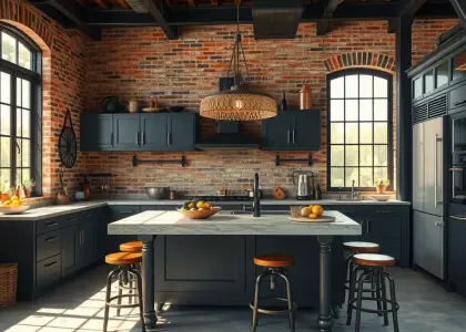 Industrial Loft Kitchen with exposed brick walls, dark metal accents, a large concrete island, vintage stools, large windows, and warm lighting creating a cozy atmosphere.