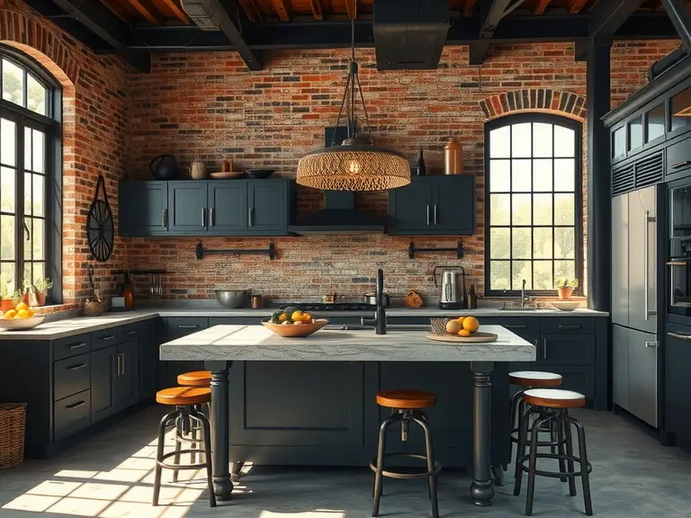 Industrial Loft Kitchen with exposed brick walls, dark metal accents, a large concrete island, vintage stools, large windows, and warm lighting creating a cozy atmosphere.