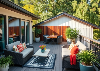 Outdoor living area featuring rustic chic home decor with couches, tables, and potted plants on a narrow balcony deck, ideal for small patio decor and landscape design architecture.