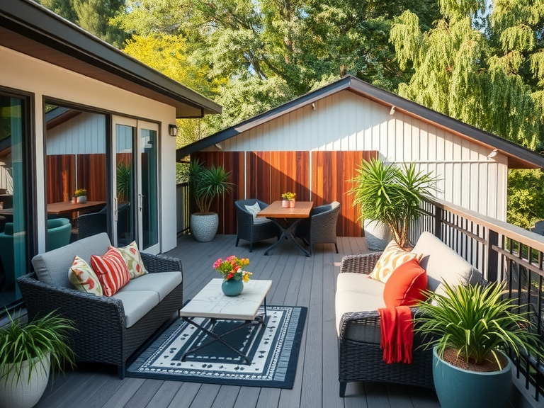 Outdoor living area featuring rustic chic home decor with couches, tables, and potted plants on a narrow balcony deck, ideal for small patio decor and landscape design architecture.