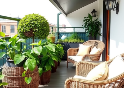 "Cozy small apartment balcony featuring wicker furniture and vibrant potted plants, showcasing stylish balcony decor ideas for tiny outdoor spaces."