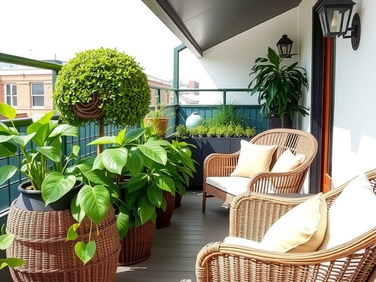 "Cozy small apartment balcony featuring wicker furniture and vibrant potted plants, showcasing stylish balcony decor ideas for tiny outdoor spaces."