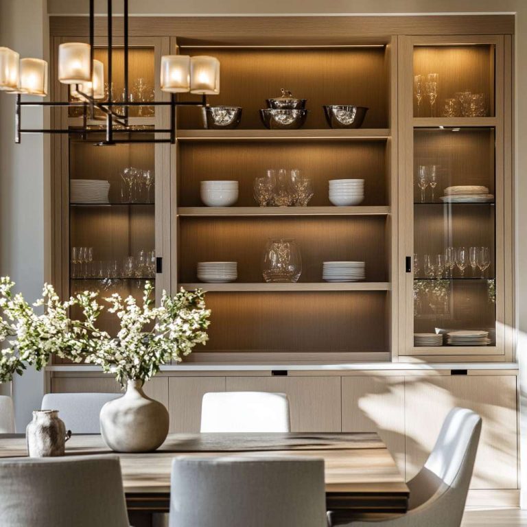 Elegant dining room with stylish cabinet display featuring open shelving and closed storage, showcasing decorative dishes and glassware. Warm ambiance enhanced by cozy lighting, natural textures, and neutral tones. Soft shadows highlight intricate wood and metal finishes of modern cabinets. Perfect for inviting gatherings.